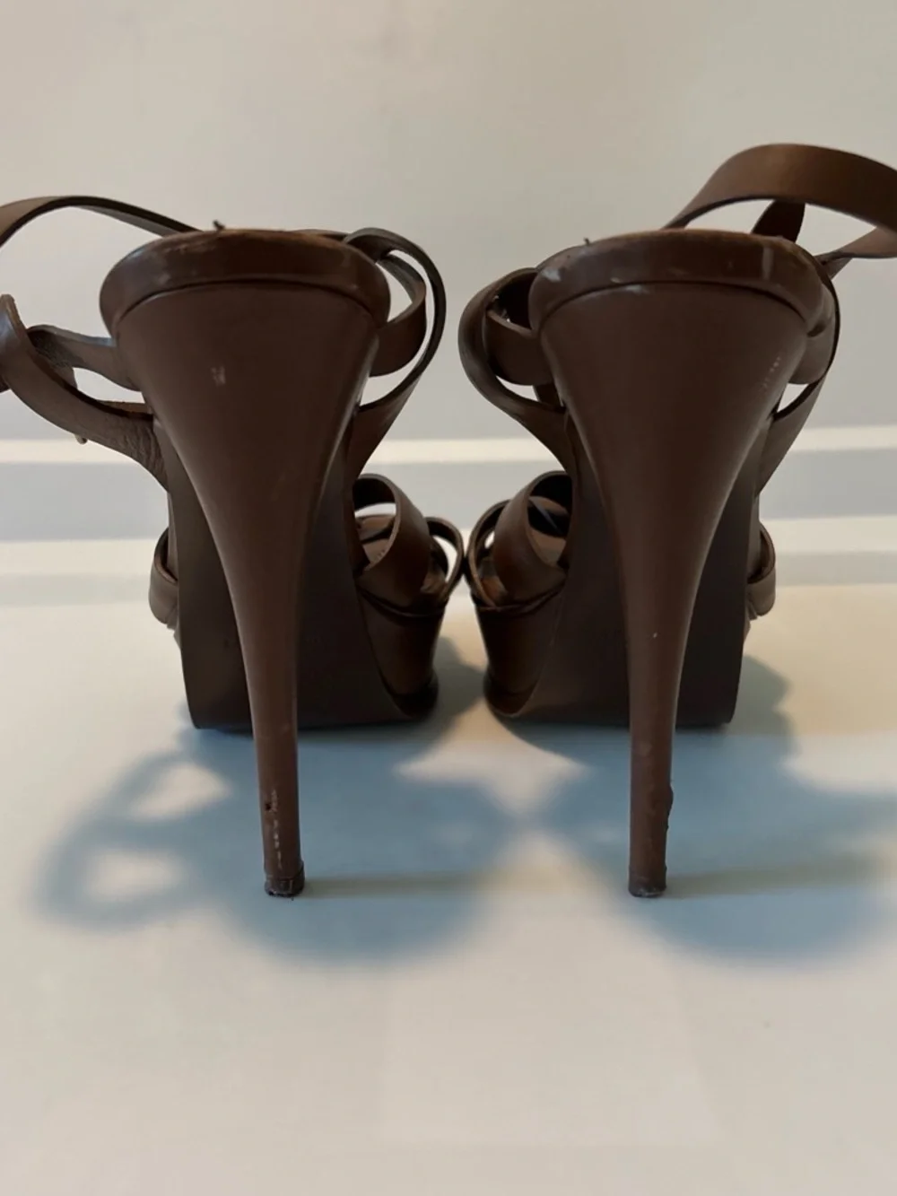 Vintage Y2K Yves Saint Laurent Brown Leather Knot-Strap Heeled Sandals